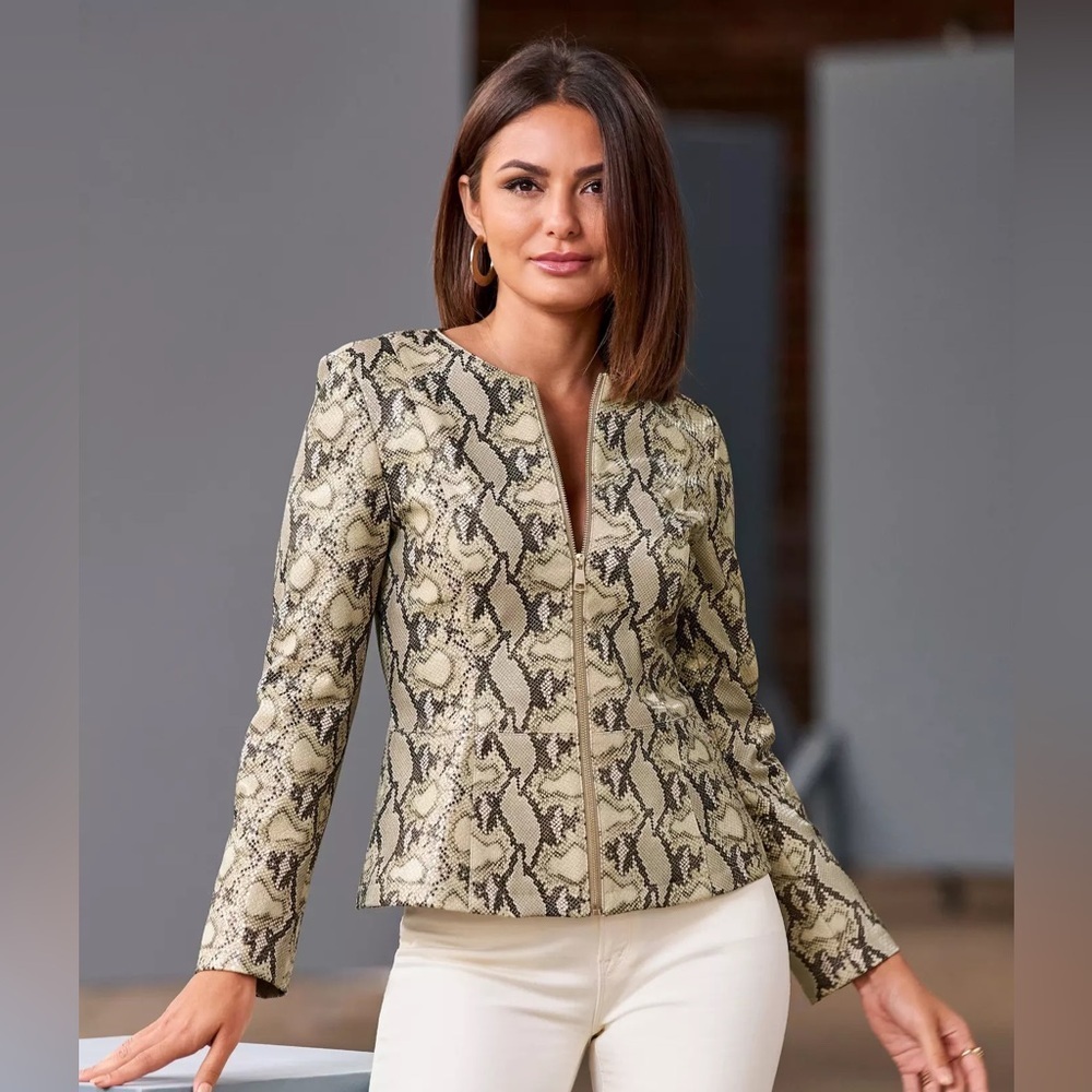 Boston Proper Python Print Faux Leather Peplum Jacket NWT Medium Snake Moto
